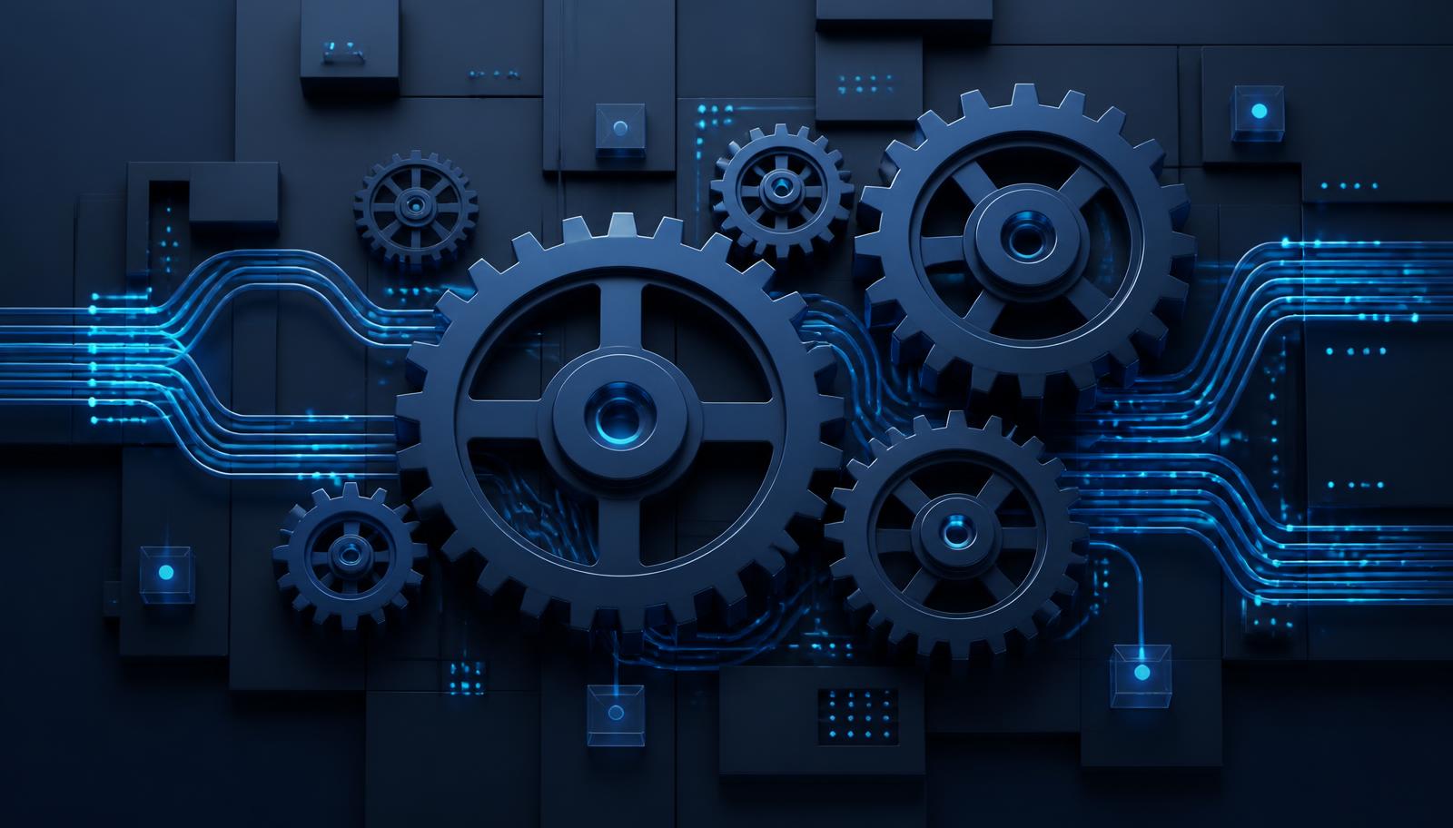 Abstract render of interlocking gears and illuminated data pipelines