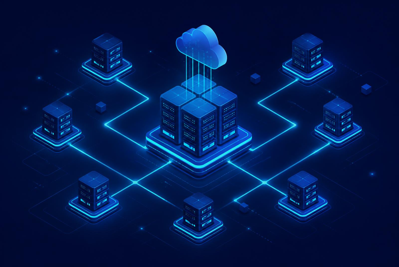 Isometric illustration of cloud servers connected by glowing network paths