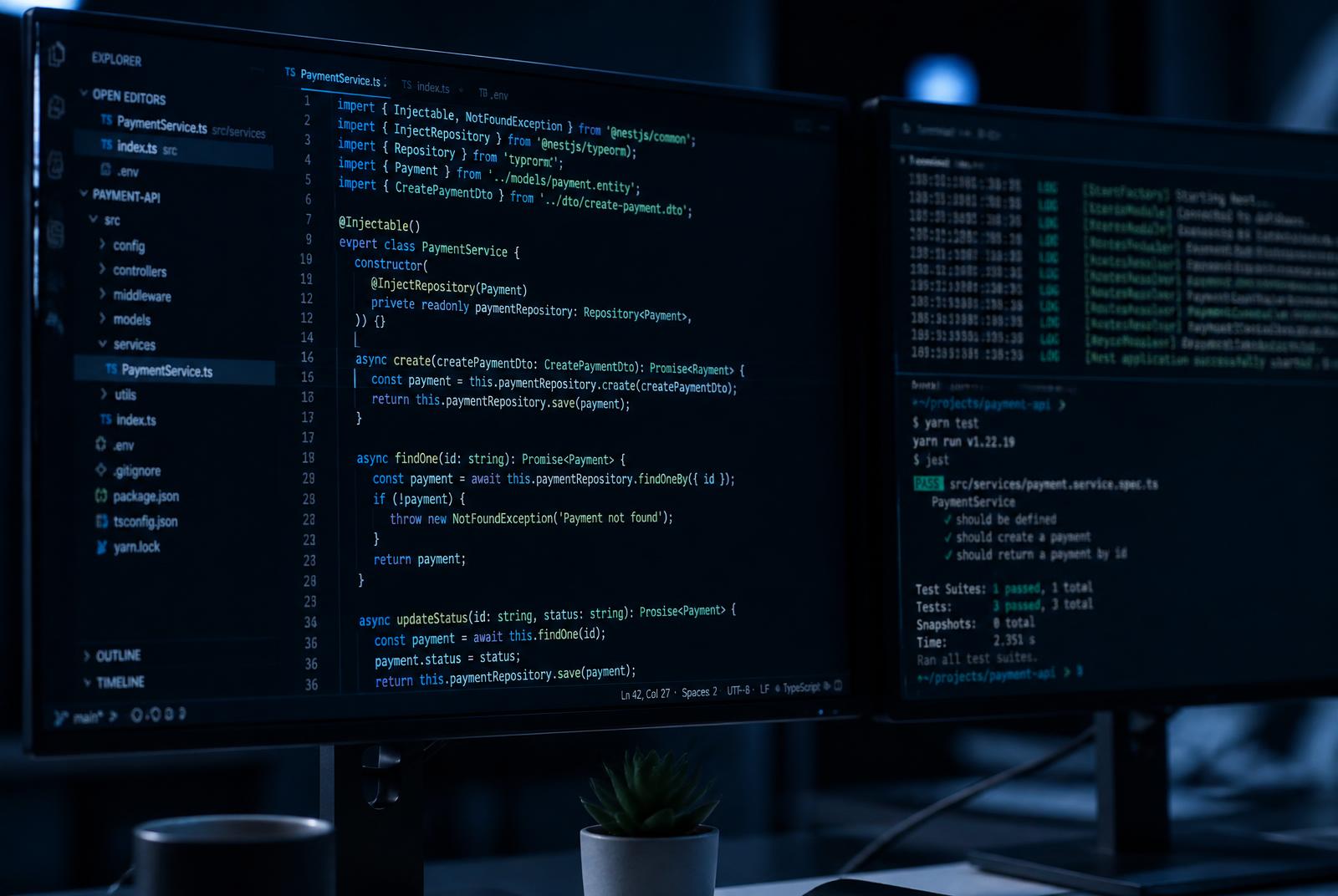Application source code and passing automated test output shown on two monitors