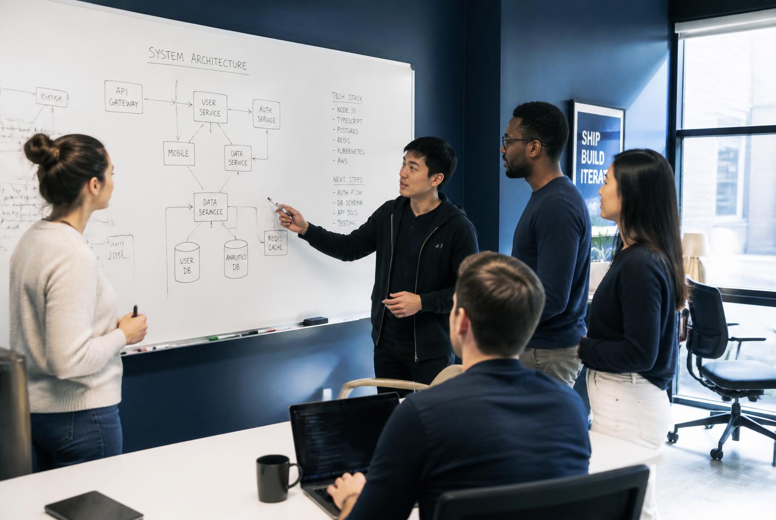 Development team discussing a system architecture diagram on a whiteboard